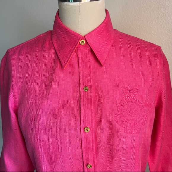 Ralph Lauren Petite Small Embroidered Crest Linen Women’s Shirt Fuchsia Pink - Picture 7 of 16